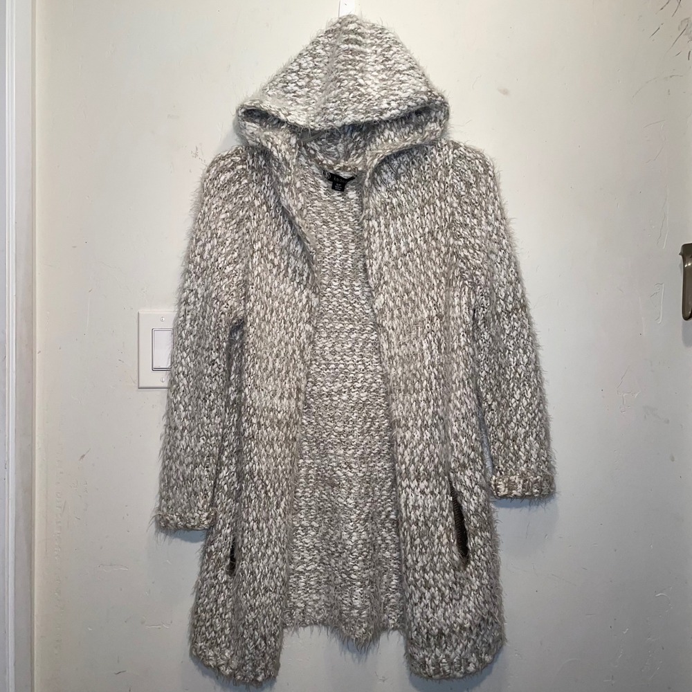 Kadence Women Tan White Eyelash Popcorn Knit Hooded Open Cardigan Sweater Small